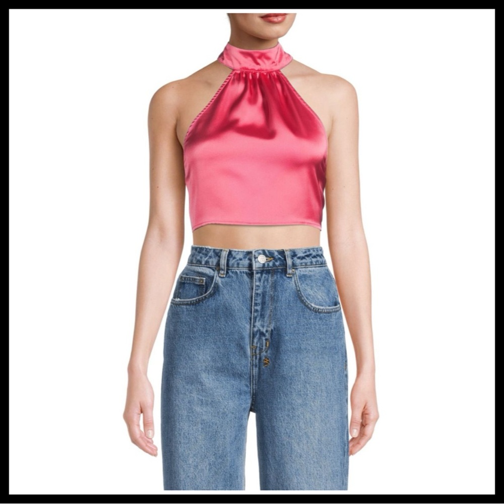 WeWoreWhat Hot Pink Satin Halter Crop Top
